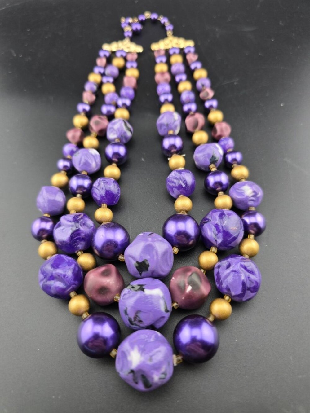 Vintage Multi Strand Purple Gold Plum Beaded Necklace Japan - Picture 5 of 10